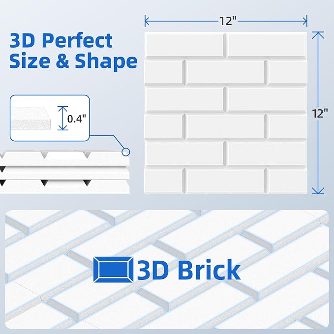 20 Pack Acoustic Panels with Self Adhesive Sound Proof Foam Panels for Wall | 12" X 12" X 0.4" High Density Soundproof Wall Panels, Brick Sound Absorbing Panels for Home Studio Office Decor - White - Image 6