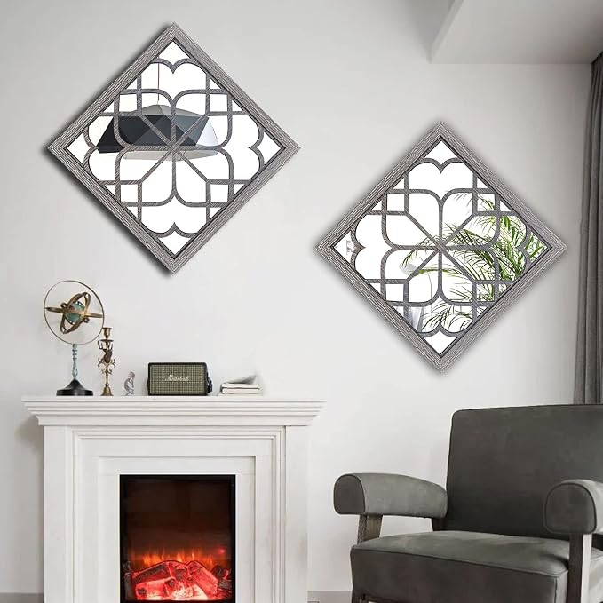 Wocred 2 PCS Square Wall Mirror,Gorgeous Rustic Farmhouse Accent Mirror,Barn Wood Color Entry Mirror for Bathroom Renovation,Bedrooms,Living Rooms and More(20”x20”) - Image 2