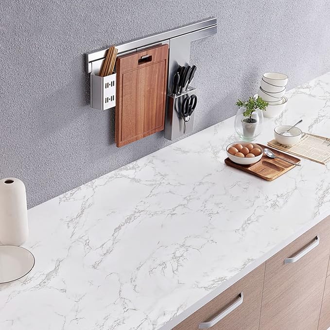 Marble Contact Paper White Peel and Stick Wallpaper for Kitchen Countertop | 17.71" x 393.7" Thick Gray Granite PVC Roll for Cabinet Furniture Renovated Easy to Remove Without Leaving Glue Upgrade - Image 4