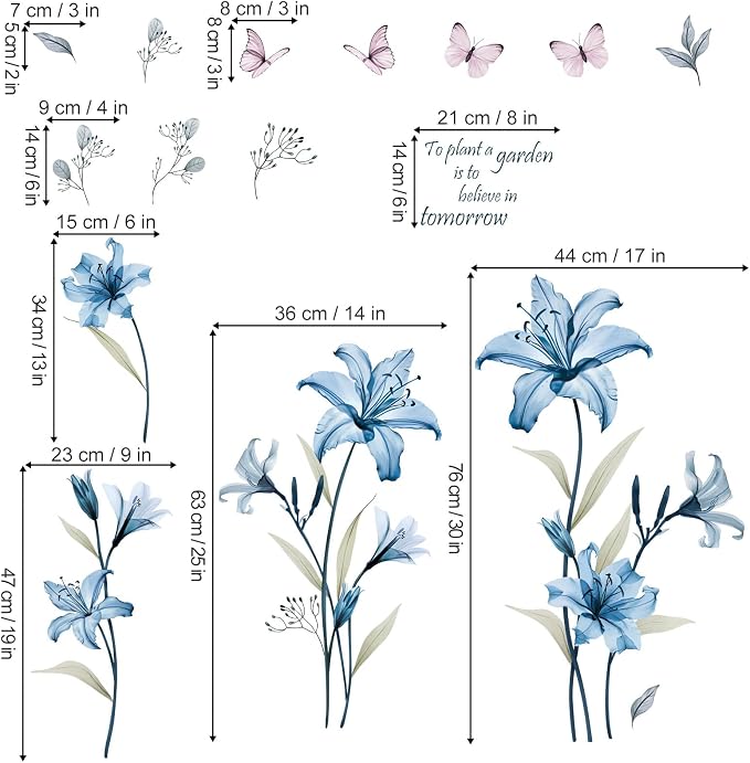 wondever Blue Lily Flower Wall Decals Floral Butterfly Wall Stickers | Peel and Stick, Removable, Wall Art Decals, Wall Decoration, Living Room Bedroom, Office Sofa TV Home Wall Decor - Image 4