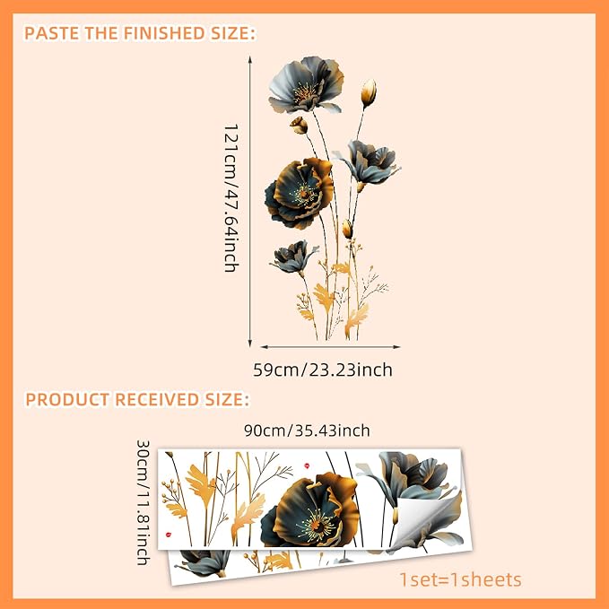 Black and Gold Wall Decor Art Stickers 3D Flower Wall Decals Floral Gold Leaves Plants Butterfly Sticker Murals Vinyl Peel and Stick for Living Room Bedroom Sofa TV Background Home Decor - Image 2