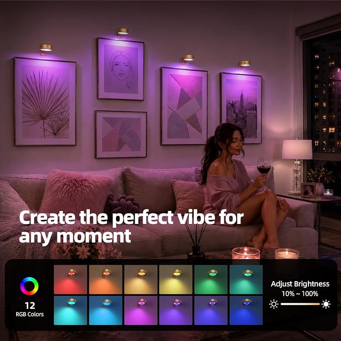 EZVALO Picture Lights for Wall, Rechargeable Battery Magnetic Poster Lights with 3 Color Temps & 12 RGB, Remote Dimmable Timer Light, Wall Decor Light for Art Display (6 Pack with Charging Station) - Image 6