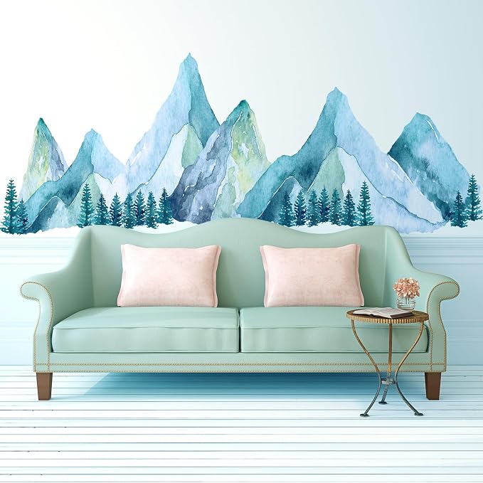 Large Mountain Wall Decals, Blue Pine Tree Peel and Stick Vinyl Wall Stickers & Murals, Removable Home Room Wall Decor for Bedroom Living Room Bedroom Classroom Office Nursery by Kingarch