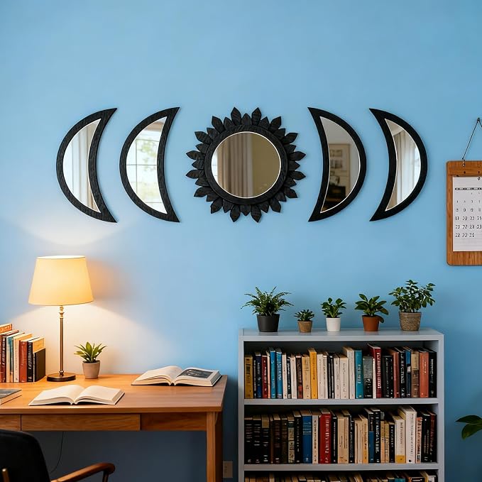 5 Pieces Moon Phase Mirror Wall-Mounted Wall Decor Mirrors Natural Wooden Sunburst Bohemian Wall Art for Home Living Room Bedroom Decoration - Image 6