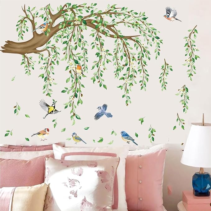 Large Tree Sticker Green Hanging Plants Wall Sticker Birds Flower Branches Wall Art Decals Wall Murals Peel and Stick Nature for Living Room Bedroom TV Wall - Image 6
