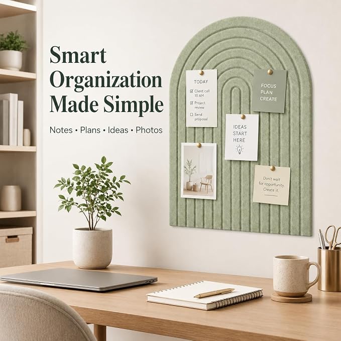 Large Arched Felt Bulletin Board, Sized 36" x 24" for Office & Wall Decor – 6 Customizable Adhesive Tiles with Pins are Perfect to Display Your Photos (Sage Green-A) - Image 8