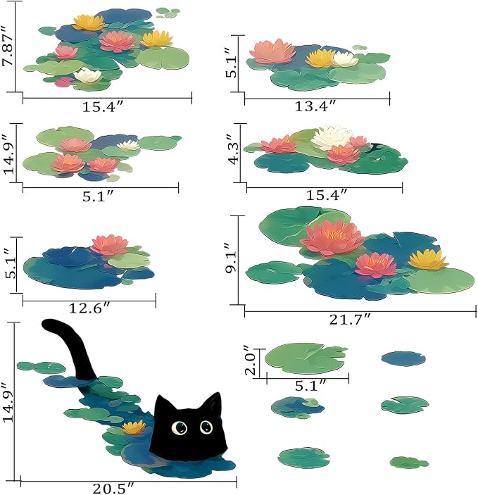 Black Cat Cute Kitten Water Lily Lotus Pond Wall Decals Peel and Stick | Adorable black cat swimming in water lily pond wall decal, removable peel-and-stick vinyl decor for bedroom bathroom nursery - Image 2