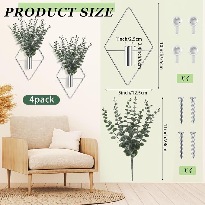 Jexine 8 Pcs Hanging Artificial Planters Wall Decor, Silver, Eucalyptus | Bathroom Wall Decor, Geometric Metal Vase, Indoor Plants, Living Room, Home Office, Entryway, Boho Accent, Wall Mounted - Image 2