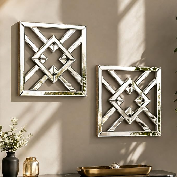 Square Decorative Wall Mirror 12 x 12 Inch, Silver Frameless Mirror Wall Decor with Beveled Edge, Modern Wall Mounted Accent Mirror for Living Room, Bedroom, Hallway, Set of 2 by OPULINEA
