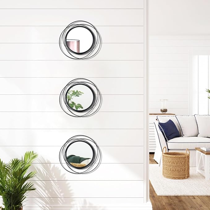3 Set Round Mirrors for Wall Decor Living Room Bedroom Bathroom Dining Room Metal Circle Mirror Set Boho Decorative Sunburst Wall Art Accent Entryway - Black 9.5 in - Image 4