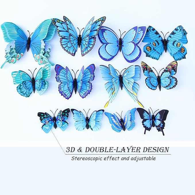 OPSEAM 3D Butterfly Wall Decor Butterfly Decorations Stickers with Magnets | 72 PCS Blue,12 Styles Double Layer Butterfly for Classroom Decoration,Locker Refrigerator, Reusable,Waterproof - Image 4