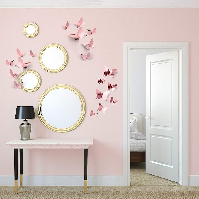 BBTO 48 Pcs 3D Butterfly Mirror Wall Decor,Rose Gold | Butterfly Stickers,3 Sizes,for Birthday Party Cake,Room Nursery Bathroom Wall Decor,Removable Peel Stick,Reflective - Image 3
