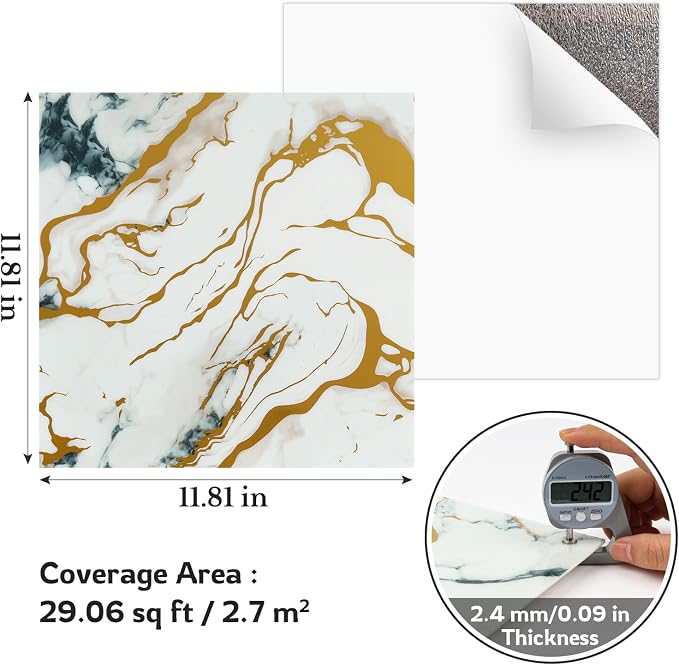 Marble-Effect Peel and Stick Backsplash, 30 Sheets PVC Wall Panels, Self-Adhesive Waterproof for Kitchen, Bathroom, 11.8" x 11.8" - Image 4