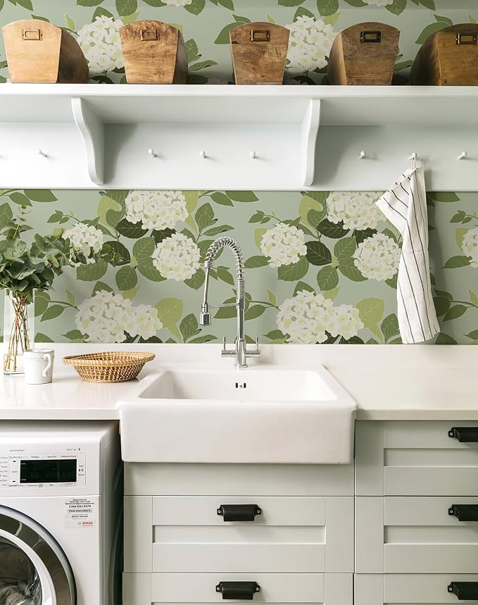 Floral Peel and Stick Wallpaper Self Adhesive Hydrangea Wall Paper French Country Cream Stick on Wallpaper for Bedroom Wall Decor Elegant Mural (Green Hydrangea, 472.44“ X 17.4") - Image 3