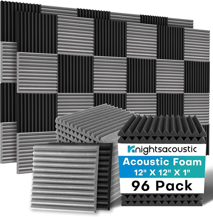 96 Pack Acoustic Foam Panels, 1 X 12 X 12 Inches Sound Proof Foam Panels for Walls, High Density Acoustic Panels Sound Absorbing, Black Grey Noise Cancelling Studio Wedges (NOT Include Adhesive) by Knightsacoustic