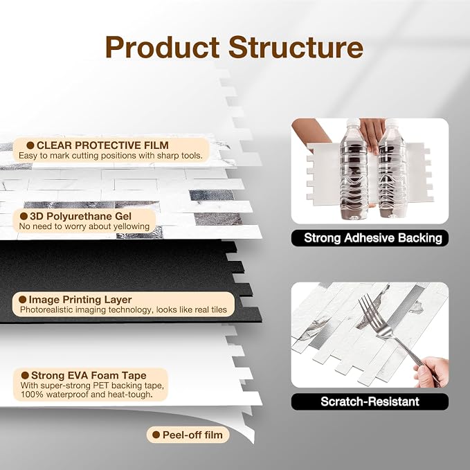Peel and Stick Backsplash Tile Waterproof Removable PVC Wall Sticker 3D Faux Stone Marble Brick White Accent Panels (Rough White Marble - Metal Silver, 40 Tiles - 18 sq. ft. (1.68 m²)) - Image 6
