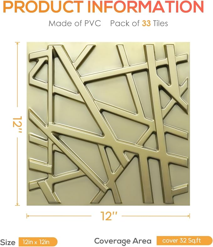 LEVOWAY 33 Pack 3D Wall Panels for Interior Wall Decor, 12''x12'' Champaign Gold Accent Textured Wall Panels, Wall Covering Panles for Living Room, Gaming Room, TV Background, Cover 32 Sq.Ft - Image 4