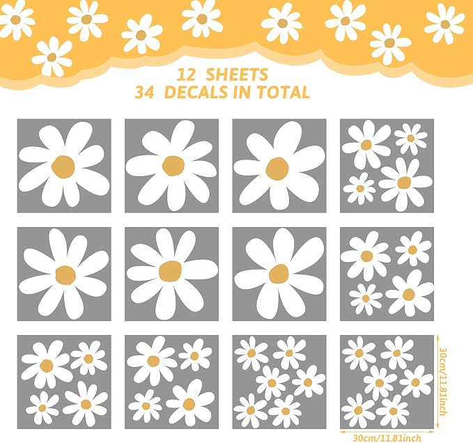 TaoBary 12 Sheet White Daisy Wall Sticker Decal Large Flower Wall Decal | Removable Flower Wall Sticker, Big Floral Decal, Daisy Bedroom Room Decor, Peel and Stick, Nursery Home Wall Decor - Image 2