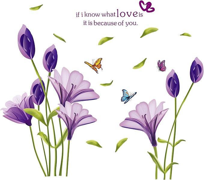 LiveGallery Beautiful Lovely Lily Flowers Wall Decals Removable DIY Butterfly Flower Vines Art Decor Wall Stickers Murals for Living Room TV Background Kids Gilrs Rooms Bedroom Decoration (Purple) - Image 2