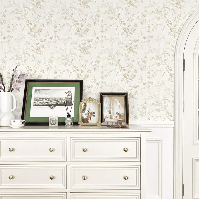Ismoon Peel and Stick Wallpaper Floral Vintage Stick on Wall Paper Beige French Textured Contact Paper for Cabinet Removable Self Adhesive Wallpaper Vinyl Roll Shelf Deco, 17.3x118in - Image 7