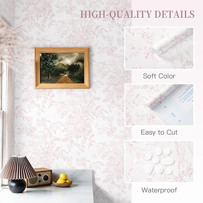 Heroad Pink Peel and Stick Wallpaper Vintage Floral Contact Paper Boho Flower Removable Wall Paper Self Adhesive Stick On Wallpaper for Girls Bedroom Bathroom Renter Friendly Vinyl Roll 17.3''X196'' - Image 2