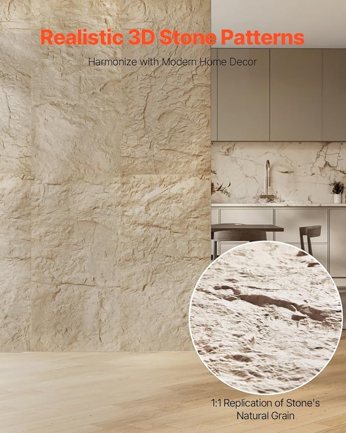 VEVOR 3D Wall Panels, 4 Pack 48 x 24 in PU Natural Stone Imitation Wall Art Tiles, 32 Sq.Ft Coverage Accent Wall Panel, Interior Home Decor for Ceiling, Bedroom, Living & Gaming Room, Stone Yellow - Image 2