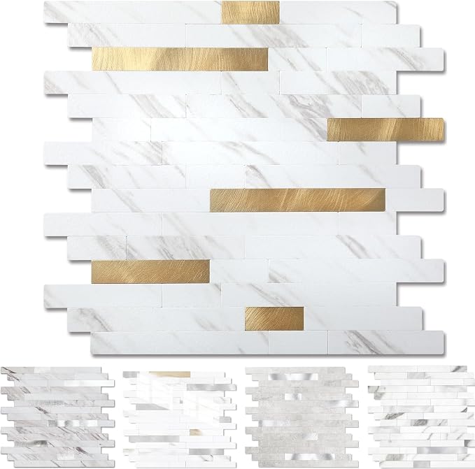 Yipscazo 5 Sheets Peel and Stick Stone Metal Tile Backsplash, Stick on Tiles for Backsplash Kitchen, Bathroom, Laundry Room, Camper, Fireplace (12'' X 12'', White Stone with Gold) by Yipscazo