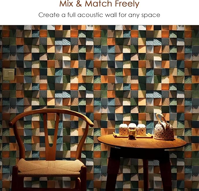 Geometric 3D Wood Wall Art Decor, 11.8"x11.8" Natural Solid Wood Mosaic Wall Tiles, Decorative Sound Diffuser Panels for Living Room TV Background, Home Theater, Bedroom, Easy Install - Image 6