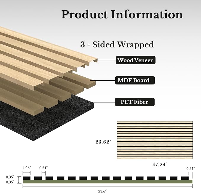 MISSDAY Wood Slat Acoustic Wall Panels, 2 Packs 47.2" x 23.6" Oak Soundproof Panel For Interior Wall Decor Noise Absorbing-3D Textured Wooden Panel Sound-Absorbing for Home, Office, Studio - Image 6