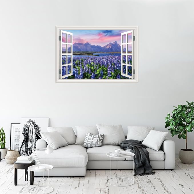 Fake Window Wall Decal- Mountain Lake Lavender Flower Open Wall Art Sticker | Faux Window Natural Scenery Landscape Mural｜Stick and Peel Wall Decals｜for Home Office Scene Decor｜48"x32",Set of 2 Sheets - Image 8
