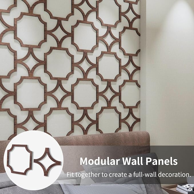 8PCS PVC Modular Decorative Fretwork Wall Panels for Living Room Lobby Bedroom, Star Lattice-Walnut Faux Walnut Wood Texture - Image 3