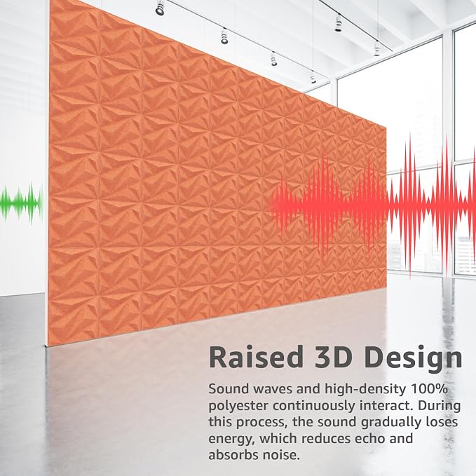 Art3dwallpanels Acoustic Panels, Orange Red, 20 Pack, 12" X 12" | Soundproof Wall Panels, Sound Dampening Panels, 3D Wall Panels, Sound Absorbing Panels, Without Tape - Image 6
