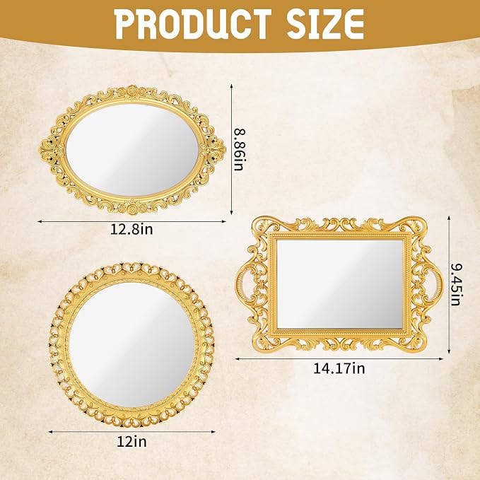 YEXEXINM 3 Styles Vintage Gold Mirror Set Decorative Antique Mirrors for Wall Hanging Vanity Table Mirrors with Stand Resin Frame Retro Mirror for Living Room, Bedroom, Dresser & Photography Decor - Image 2
