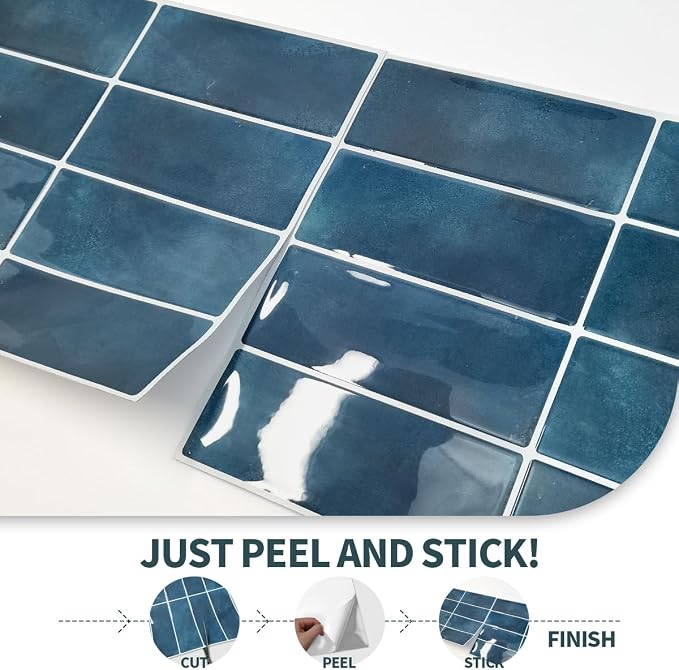 Peel and Stick Backsplash 3D Wall Tiles,Self-Adhesive,Oil Proof,Waterproof, Removable Wall Panels for Kitchen & Bathroom,Modern Design, Easy Install (10.7ft，12x9 inch,14 Pack) (Blue) - Image 6