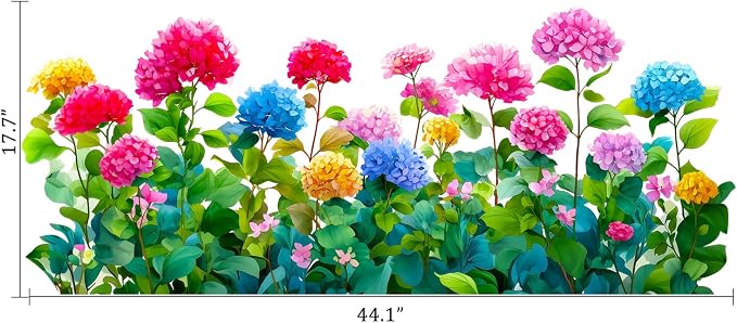 Colorful Hydrangea Floral Flower Border Removable Wall Decals Decor Sticker | Green blooms plants removable vinyl peel and stick art wall stickers mural for living room bedroom kitchen bathroom office - Image 2