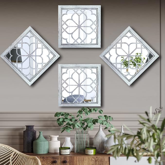 Wocred Set of 4 Mirrors Square Wall Mirror,Gorgeous Rustic Farmhouse Accent Mirror,Rustic White Color Entry Mirror for Bathroom Renovation,Bedrooms,Living Rooms and More(12”x12”4pcs) - Image 4