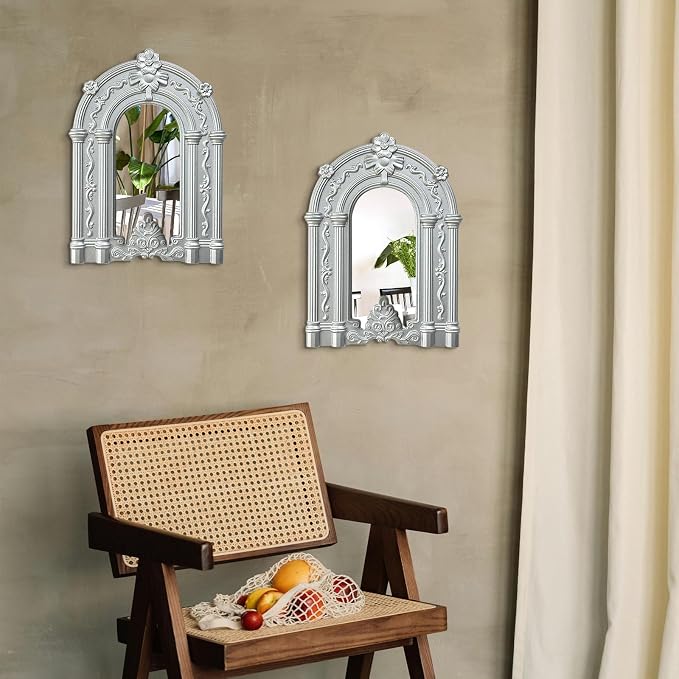 ZEXUIRU 2 Set Rustic Wall Mirrors for Bedroom Bathroom Living Room Entryway Wood Farmhouse Easy to Hang Framed Decorative Accent Hanging Wall-Mounted Mirror Set for Living Room - Silver - Image 3