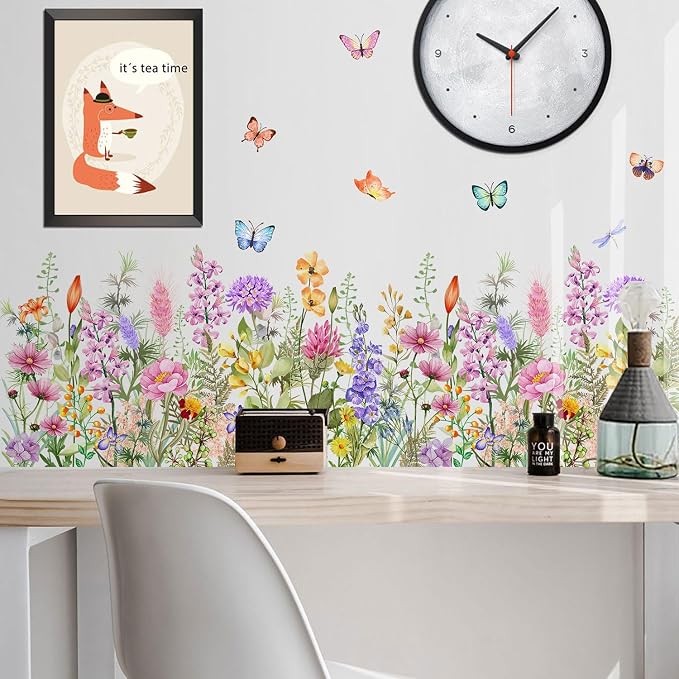 Wildflower Wall Decals Peel & Stick Floral Wall Art | Removable Flower Wall Stickers, For Girls Bedroom Nursery Living Room, With Butterflies Vines Daisies, DIY Home Decor - Image 2