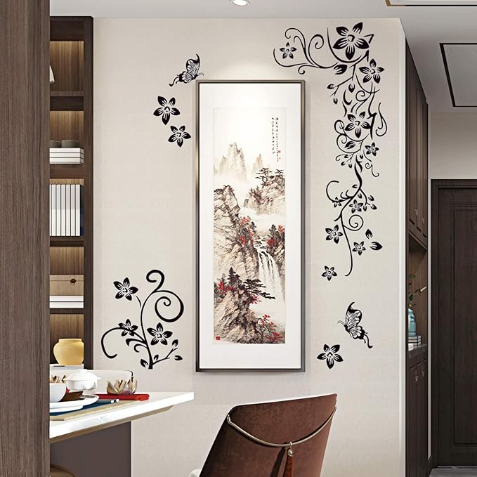 Removable Vinyl Black Flowers and Flower Vines Wall Decals DIY Home Art Decor Decorative Wall Sticker Murals for Kids Bedroom Living Room Tv Sofa Background Offices Wall Decorations - Image 3