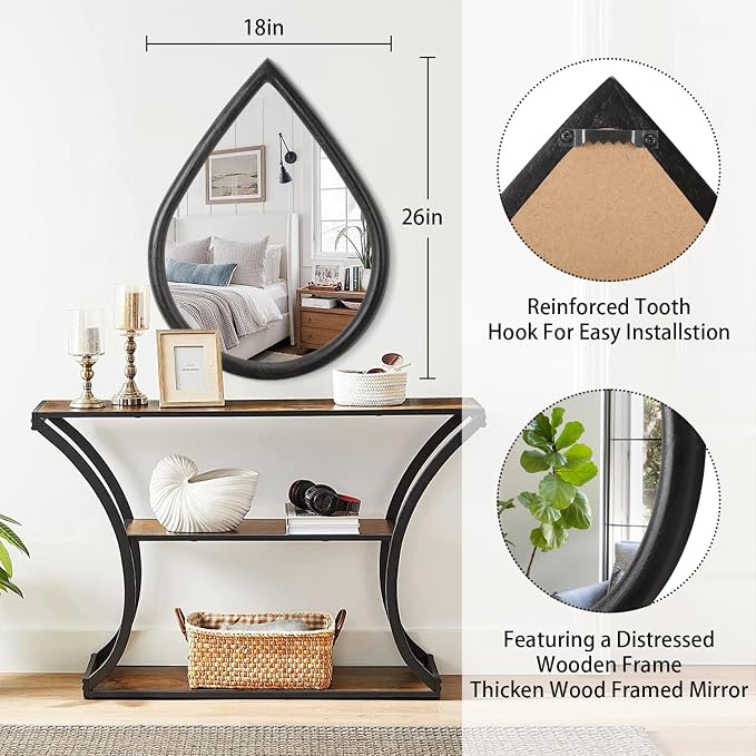 Teardrop Wall Mirror with Wood Frame Rustic Wall Mirror Black Farmhouse Unique Irregular Wall Hanging Mirrors for Bathroom Living Room Hallway Wall Decor - Image 5