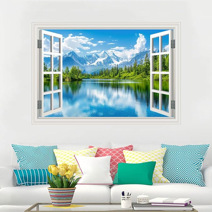 Large Murals 66"x48" Fake Window Wall Mural Sticker Mountain Lake Forest Tree Faux Window Wall Cling Art Picture Office Poster Decals Decor, Stick and Peel Landscape Natural Scenery Scene - Image 2