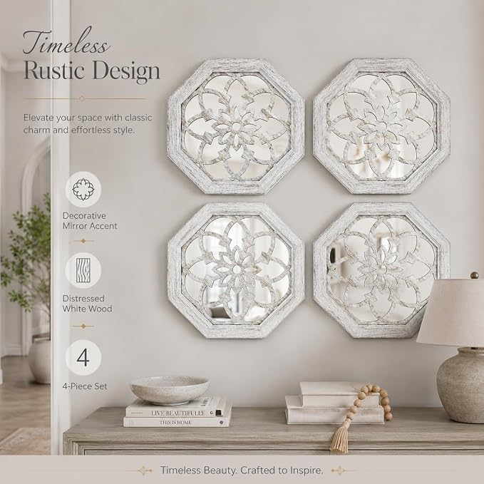 4 Pack 12 Inch Octagon Grey Rustic Wood Frame Acrylic Wall Mirrors, Farmhouse Boho Wall Art Decor for Living Room, Bedroom, Hallway, Entryway, Bathroom & Office - Image 8