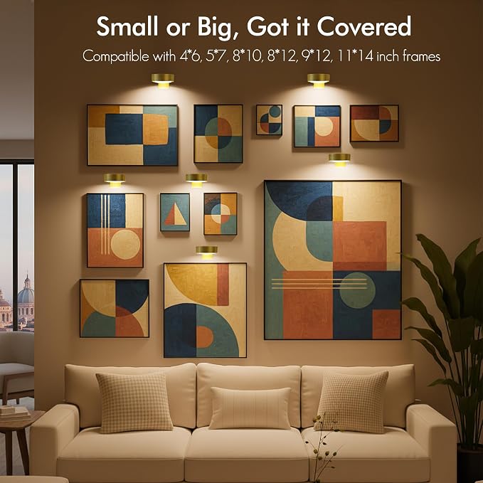 Picture Lights for Wall, Rechargeable Battery Wireless Poster Lights, Gold | LED Magnetic Painting Light with Remote Dimmable, Timer＆3 Lighting Modes, Wall Decor Puck Light for Frame Art Display, 3 Pack - Image 7