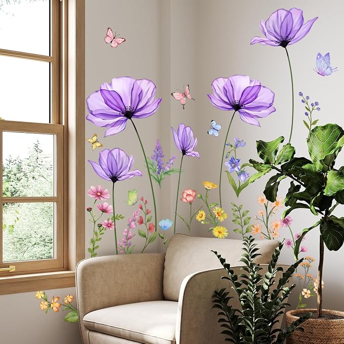 Purple Flower Wall Decals, Removable Wall Stickers & Murals for Living Room- 51.18inches x27.55inches - Image 3