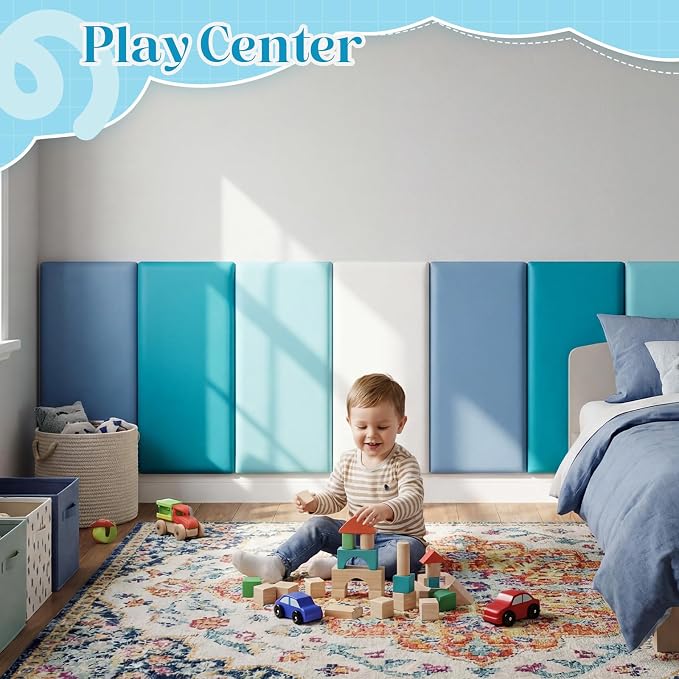 Hahafelt 8 Pack Wall Padding for Playroom Peel and Stick Headboard 23.62" x 11.81" x 1.18" 3D Anti Collision Upholstered Wall Panels Self Adhesive Headboard Panel for Protection (Blue Colors) - Image 2
