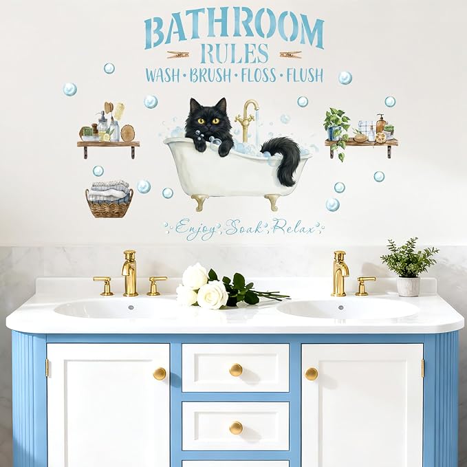 LHIUEM Cat Bathroom Wall Decals,Funny Black Cat Wall Stickers,Watercolor Bubble Wallpaper,Cute Cat in Tub Murals,Bathroom Rules Pictures,Peel and Stick for Restroom Home Kids Room - Image 5