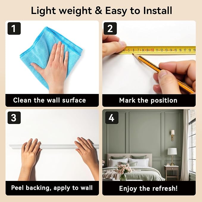 Upick Peel and Stick Wainscoting Pre-Cut Wall Molding Kit, 23"x56", 6-Frame | PS Panels,Moisture Resistant,Pre-Primed,DIY Installation,Accent Walls,Living Room,Hallway,Bathroom,Trim for Walls - Image 8