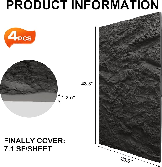 KASARO 3D Faux Stone PU Wall Panels, 4 Pack Cement Texture Black | Thicker PU wainscoting panels with realistic stone texture for accent walls, home & office decor, easy install, 43.3" x 23.6" - Image 3