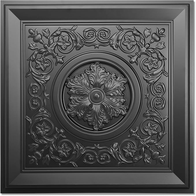 WOWSTAR 12-Pack 24"x24" Drop Ceiling Tiles, Waterproof Glue Up Vintage Style 3D Ceiling Tiles, Black | PVC ceiling panels, 24"x24", waterproof, glue-up install, basement kitchen bathroom, 12-pack by WOWSTAR