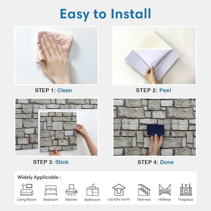 COMSTICKC 3D Faux Stone Wall Panels Peel and Stick, 10 Pcs 11.8" x 11.8" | Light Gray-Green, Not Real Stone Wallpaper, Fake Stone Decorative Wall Covering for Quick DIY Wall Upgrades, Cover 9.7 sq ft - Image 8